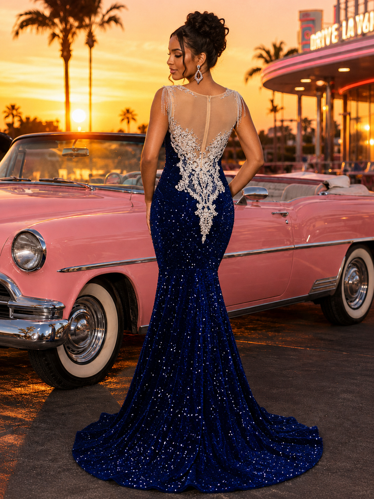 Royal Blue Sequin Velvet  Sheer Neck Mermaid Prom Dress With Rhinestone, PD4249
