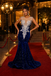 Royal Blue Sequin Velvet  Sheer Neck Mermaid Prom Dress With Rhinestone, PD4249