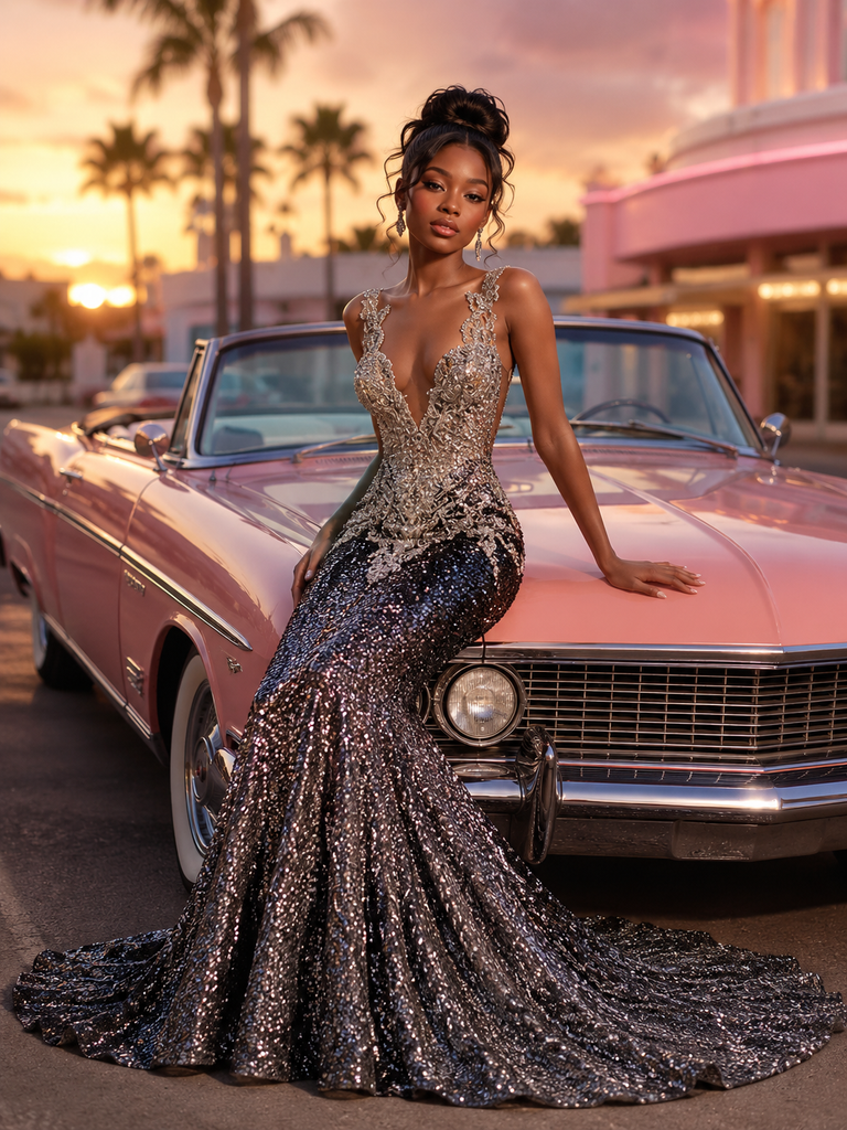 Sparkly Black Silver Beaded Sequin Deep V-Neck Mermaid Prom Dress, PD4250