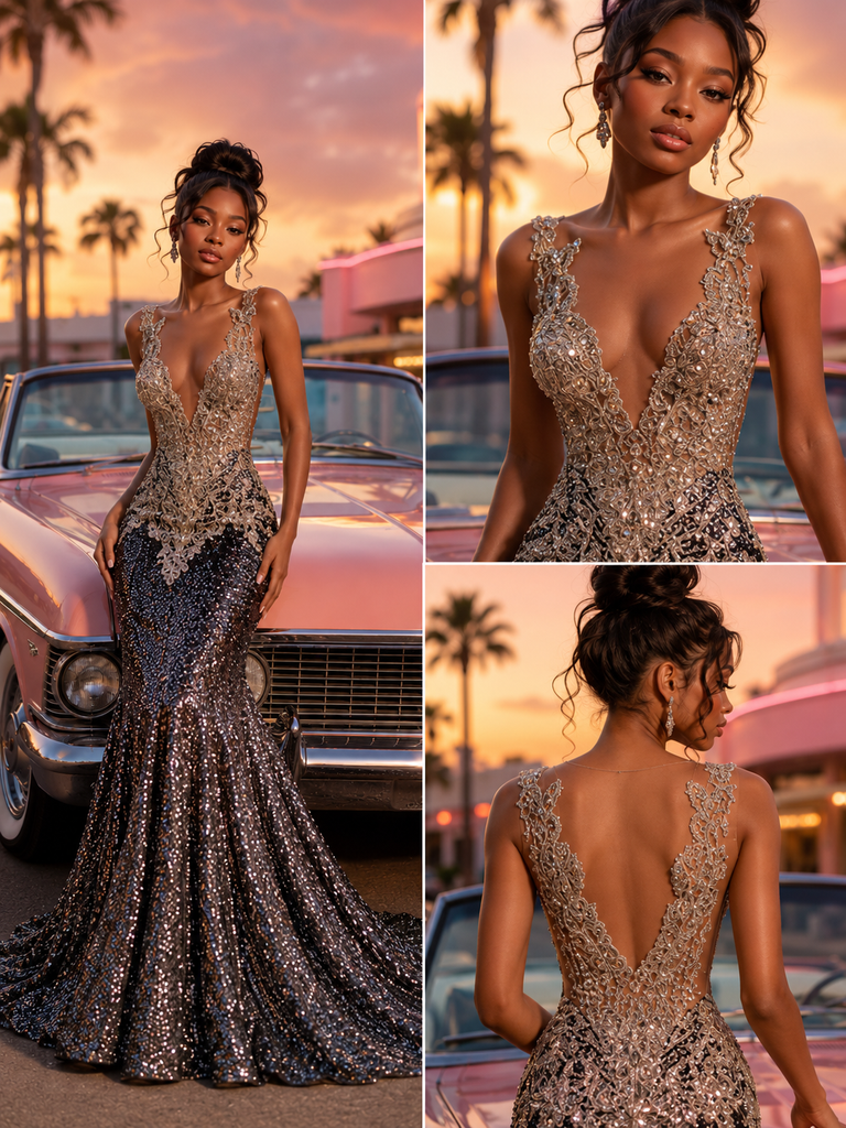 Sparkly Black Silver Beaded Sequin Deep V-Neck Mermaid Prom Dress, PD4250