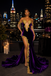 Luxury Purple Velvet Off Shoulder Mermaid Prom Dress With Gold Lace Appliques Slit, PD4251