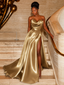 Luxury Gold Strapless Ruched A-Line Prom Dress With Slit And Train, PD4254