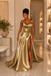 Luxury Gold Strapless Ruched A-Line Prom Dress With Slit And Train, PD4254