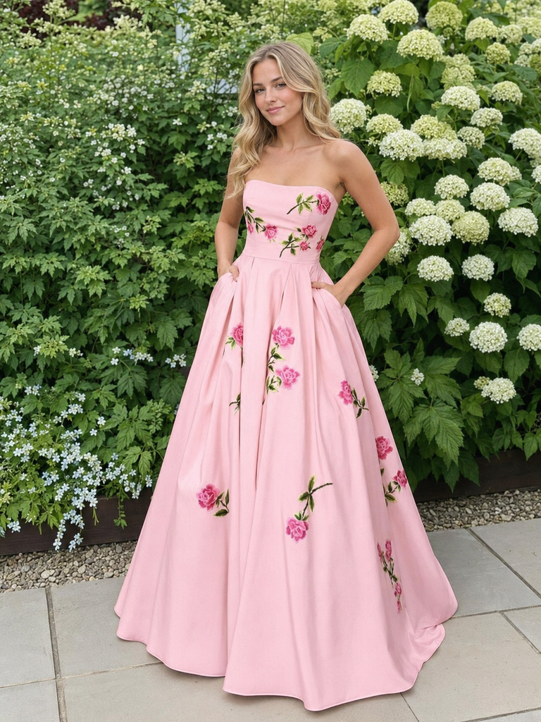 Pink Strapless Floral Embroidered A Line Prom Dress, PD4256