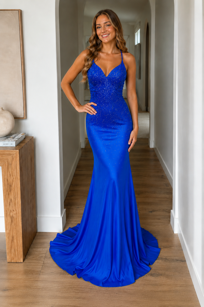 Royal Blue Sparkle Satin Mermaid Prom Dress With Criss Cross Back, PD4257