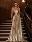 Gold Pleated Satin Side Slit A-Line Formal Gown With Sequin One Shoulder, PD4258