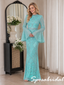 Turquoise Beaded High Neck Flared Long Sleeve Mermaid Formal Evening Gown, PD4259