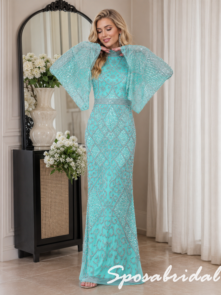 Turquoise Beaded High Neck Flared Long Sleeve Mermaid Formal Evening Gown, PD4259