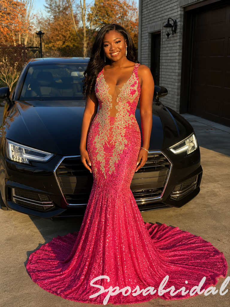 Hot Pink Sleeveless Deep V Low Back Beaded Mermaid Pageant Evening Dress, PD4265
