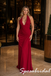 Burgundy Halter Ruched Jersey Fitted Long Formal Maxi Dress, PD4262