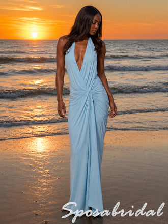 Sexy Sky Blue Jersey Halter Deep V Twist Ruched Open Back Maxi Evening Dress, PD4271