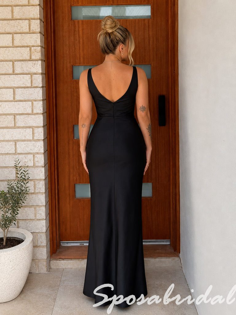 Elegant Black Satin Spaghetti Straps Cowl Mermaid Maxi Formal Evening Dress, PD4272