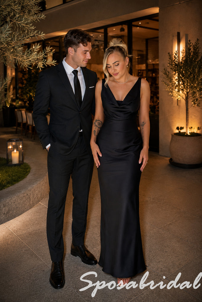 Elegant Black Satin Spaghetti Straps Cowl Mermaid Maxi Formal Evening Dress, PD4272