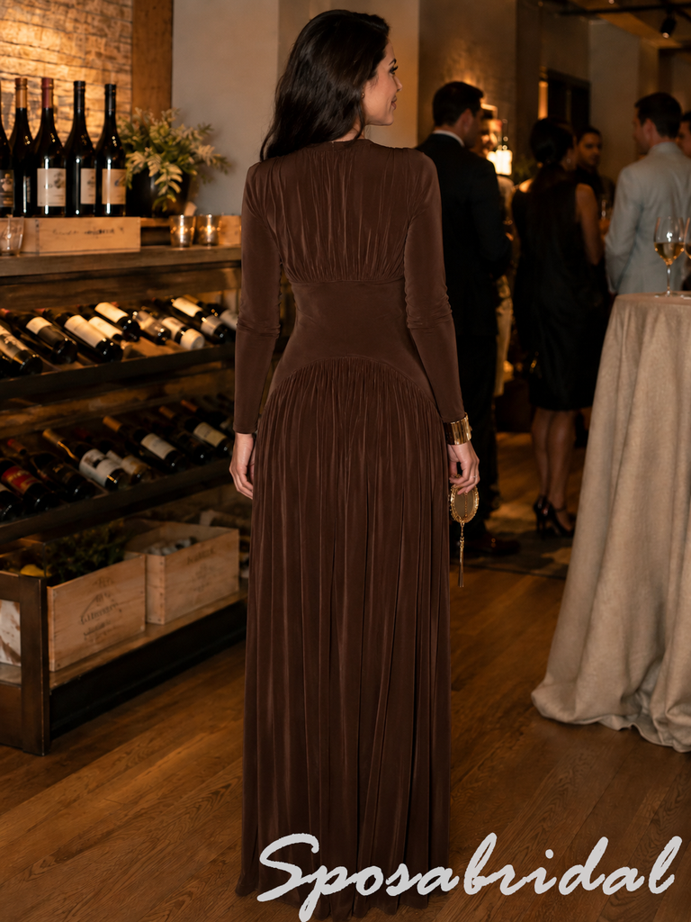 Elegant Rich Brown Gathered Bust Long Sleeve Pleated Skirt Floor Length Prom Dress, PD4275