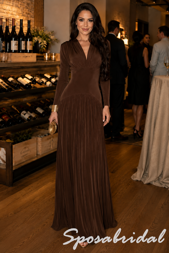 Elegant Rich Brown Gathered Bust Long Sleeve Pleated Skirt Floor Length Prom Dress, PD4275