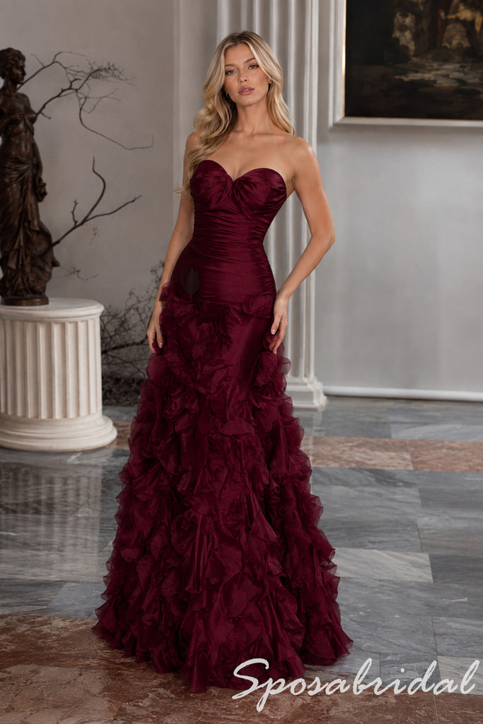 Luxe Burgundy Satin Strapless Sweetheart Formal Gown Tiered Ruffle Train, PD4277