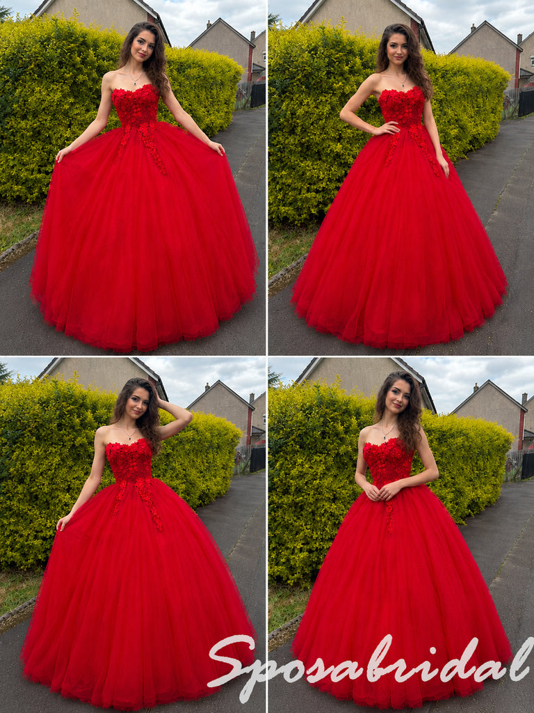 Elegant Red Strapless 3D Floral Tulle Ball Gown for Graduation, PD4280