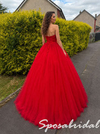 Elegant Red Strapless 3D Floral Tulle Ball Gown for Graduation, PD4280