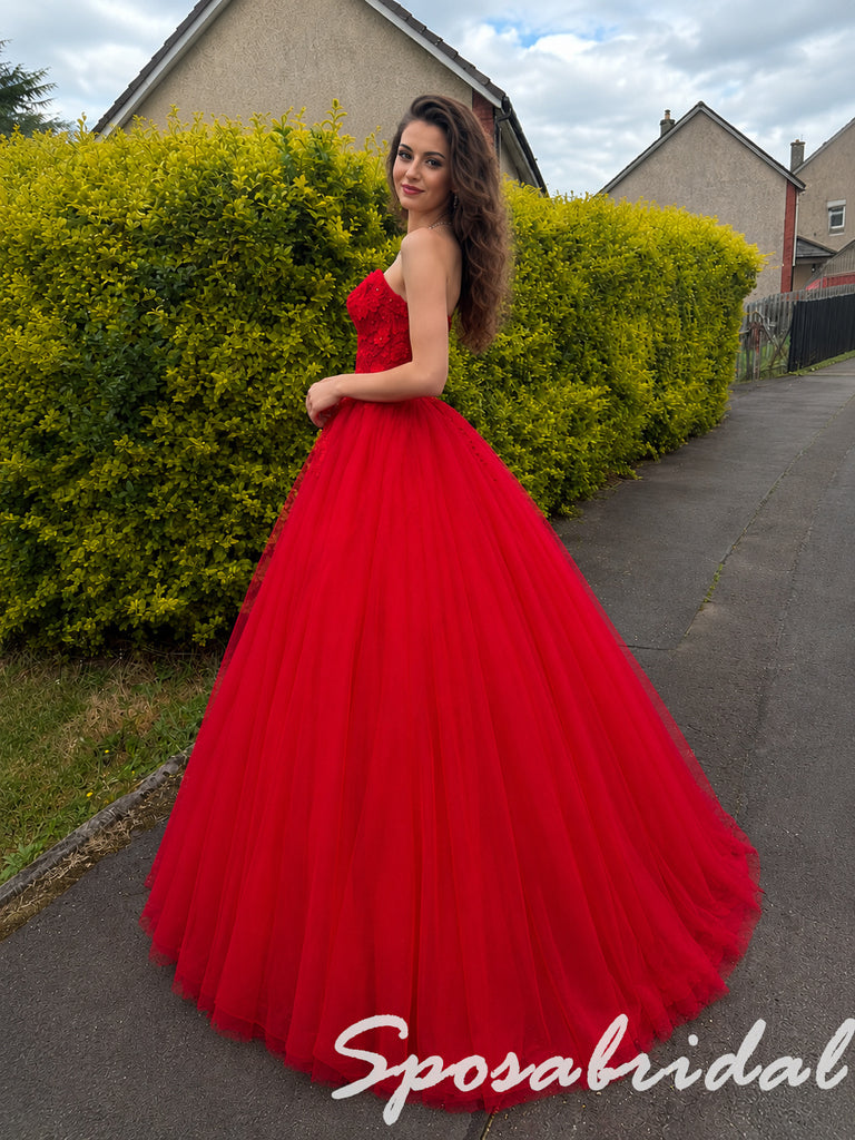 Elegant Red Strapless 3D Floral Tulle Ball Gown for Graduation, PD4280