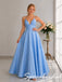Shiny Light Blue Sparkle Spaghetti Straps V Neck A Line Prom Dress, PD4281