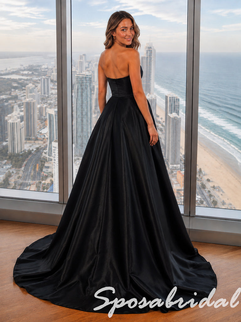 Elegant Black Satin Strapless Ball Gown With Large 3D Rose, PD4282