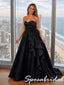 Elegant Black Satin Strapless Ball Gown With Large 3D Rose, PD4282