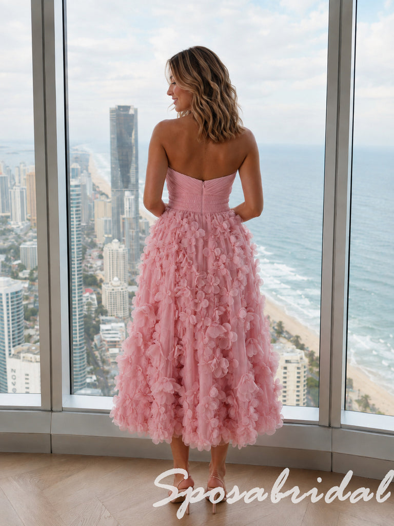 Cute Blush Pink Strapless 3D Floral Midi Tulle Dress, PD4283