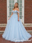 Romantic Light Blue Tulle Corset Prom Ball Gown with Lace Appliques, PD4284