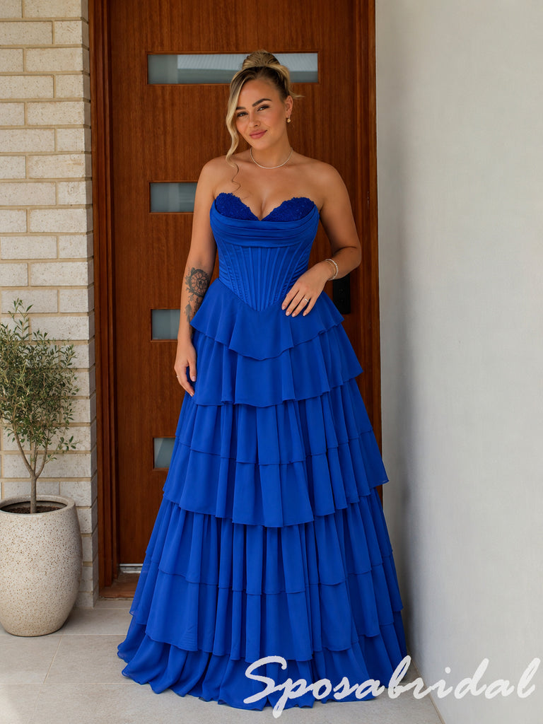 Elegant Strapless Tiered Chiffon Corset Long Prom Dress, PD4286