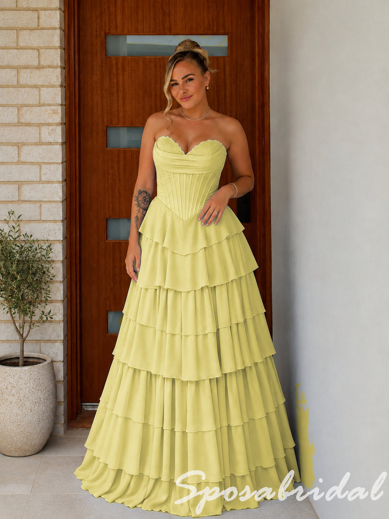 Elegant Strapless Tiered Chiffon Corset Long Prom Dress, PD4286