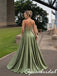 Chic Spaghetti Strap Sage Green Satin Lace Corset Slit Prom Gown, PD4287