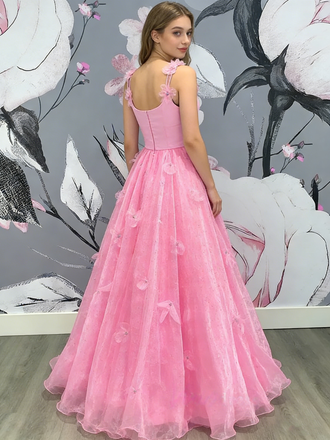 Sexy Satin Top Spaghetti Straps Sleeveless Organza Bottom A-Line Floor Length Prom Dress With Appliques, PD4107