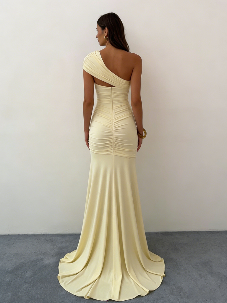 Sexy Light-Yellow Jersey One Shoulder Ruched Mermaid Floor Length Prom Dress, PD4111