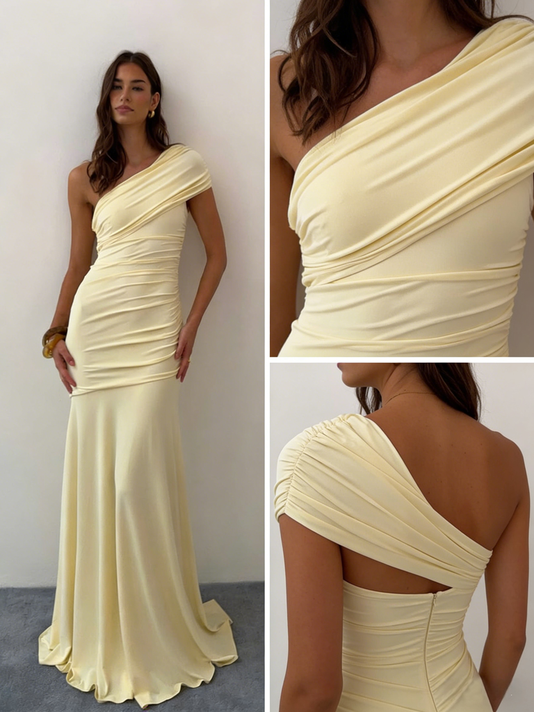 Sexy Light-Yellow Jersey One Shoulder Ruched Mermaid Floor Length Prom Dress, PD4111