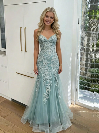 Sexy Tulle Spaghetti Straps V-Neck Lace Appliques Mermaid Floor Length Prom Dress, PD4120