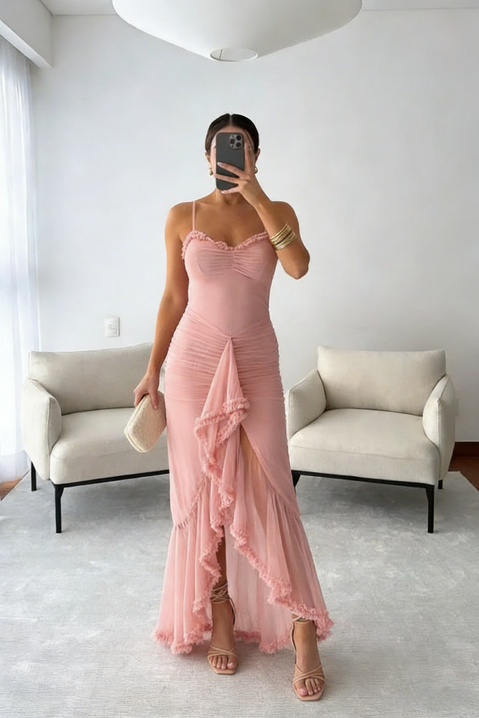 Sexy Chiffon Spaghetti Straps Ruffled Mermaid Floor Length Prom Dress With Split, PD4121