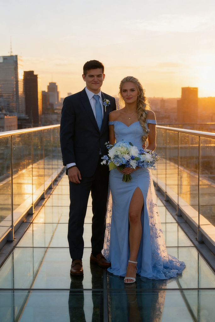 Sky-Blue Off-the-Shoulder Prom Dress with Lace Overlay and Corset Back, PD4123