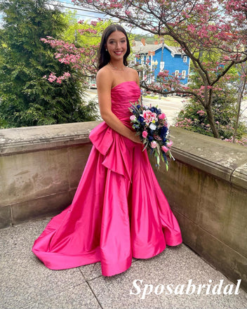Sexy Gummy Pink Satin Sweetheart Sleeveless Side Slit A-Line Long Prom Dresses,PD3949