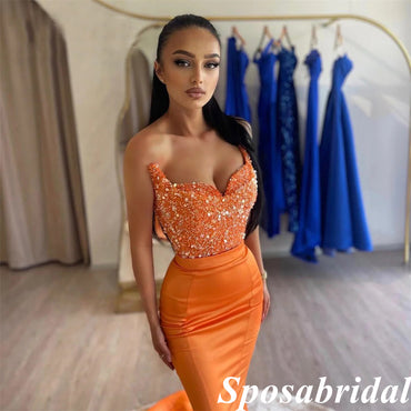 Sexy Soft Satin Sweetheart Sleeveless Mermaid Long Prom Dresses With Sequin And Beading, PD3940