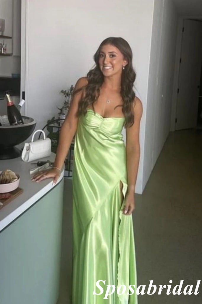 Sexy Soft Satin Spaghetti Straps Sleeveless Side Slit Mermaid Maxi Prom Dress, PD4018