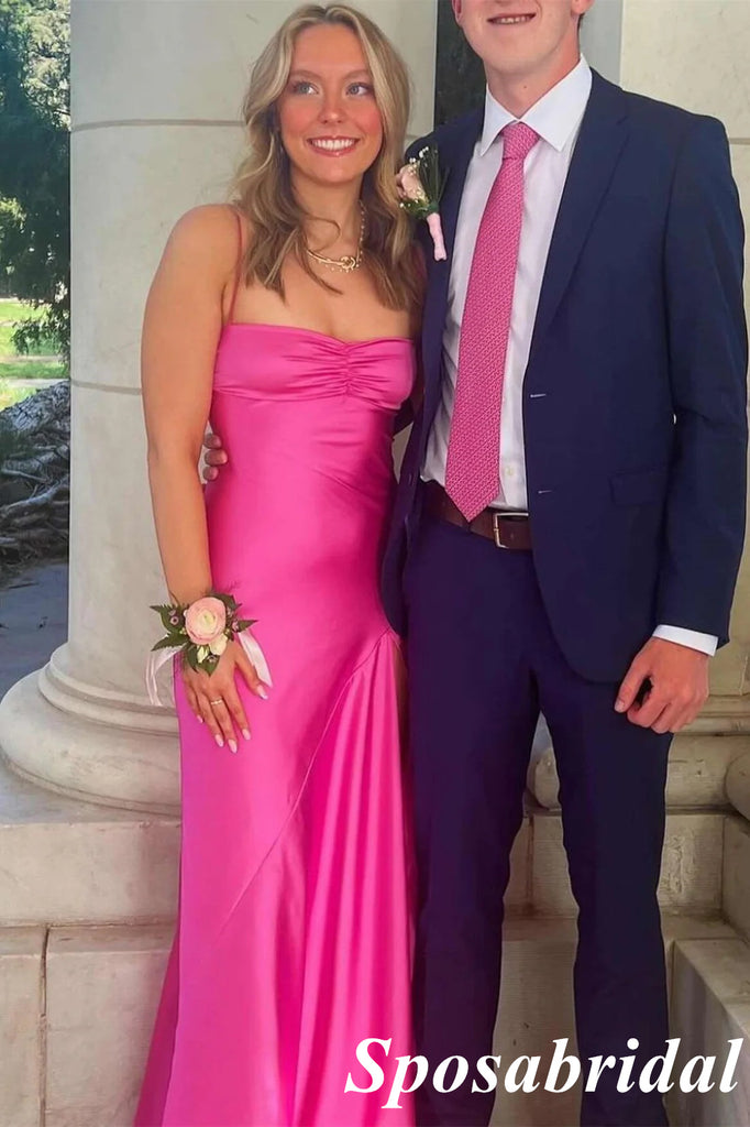 Sexy Soft Satin Spaghetti Straps Sleeveless Side Slit Mermaid Maxi Prom Dress, PD4018