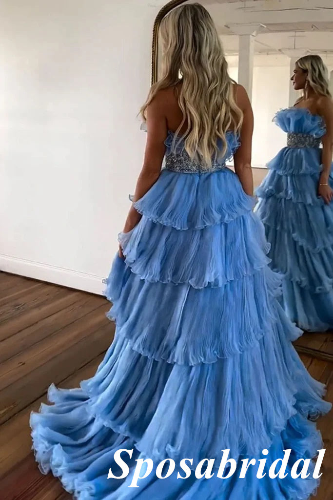 Elegant Blue Tulle Sweetheart  A-Line Long Prom Dresses With Applique, PD3818