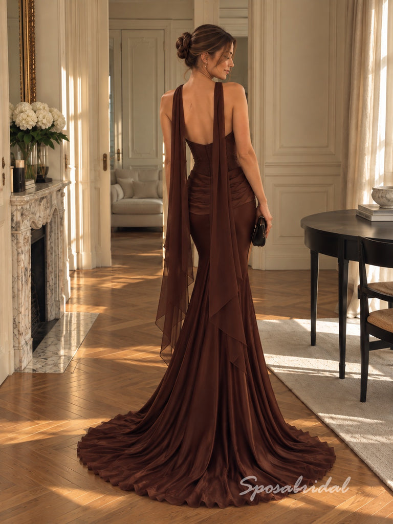 Chocolate Brown Beaded Lace Corset Sweetheart Mermaid Evening Dress With High Slit,PD4324