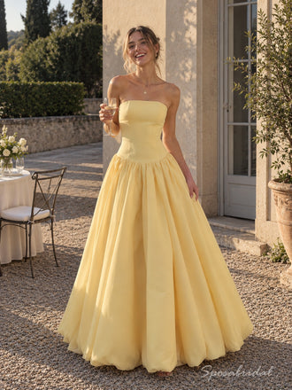 Yellow Satin Strapless Tube Neck High Waist Bubble Hem A-Line Floor Length Evening Dress,PD4317