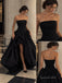 Black Strapless Ruched Bodice High Slit Ball Gown Floor Length Evening Dress,PD4319