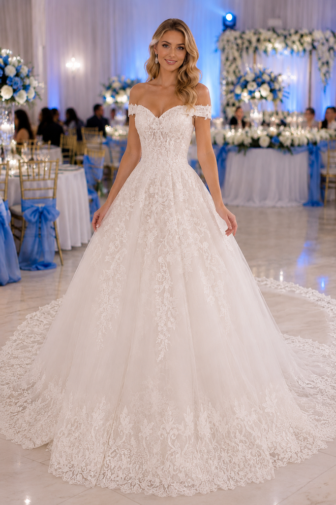 Off The Shoulder Lace Ball Gown Wedding Dress With Cathedral Train, WD3116