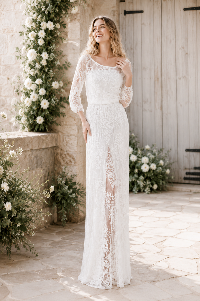 Boat Neck Lace Three Quarter Sleeve Wedding Dress, WD3120
