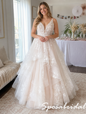 Lace Floral Tulle Deep V Spaghetti Straps Corset Back Wedding Dress Bridal Gown, WD3122