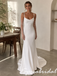 Soft White Satin Mermaid Wedding Dress Pearl Spaghetti Straps Cowl Bridal Gown, WD3124