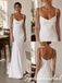 Soft White Satin Mermaid Wedding Dress Pearl Spaghetti Straps Cowl Bridal Gown, WD3124